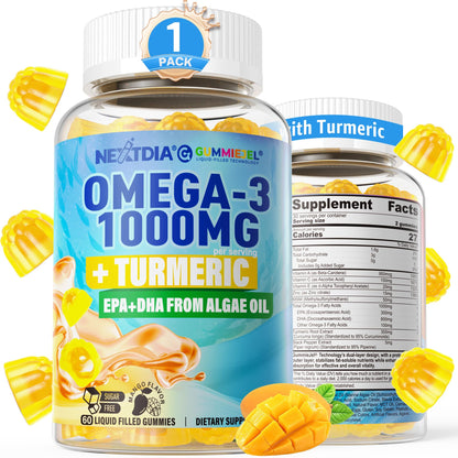 Vegan Omega-3 Gummies 1000mg + Turmeric - Omega 3 Fish Oil Alternative for Adults - Algae DHA 600mg & EPA 300mg - PrimeBioHealth - canada supplements