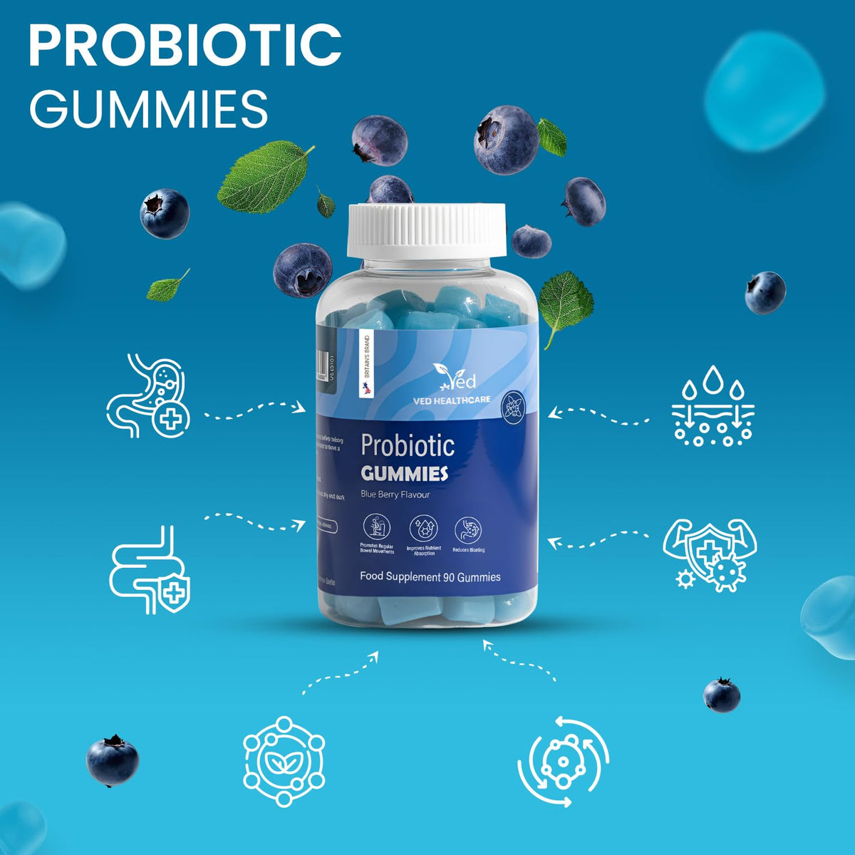 Vegan Probiotic Gummies with Prebiotics, Blueberry Flavour, 2 Gummies Daily (90 Count), 45 Days Supply, Non-GMO, Gluten Free, - PrimeBioHealth - canada supplements
