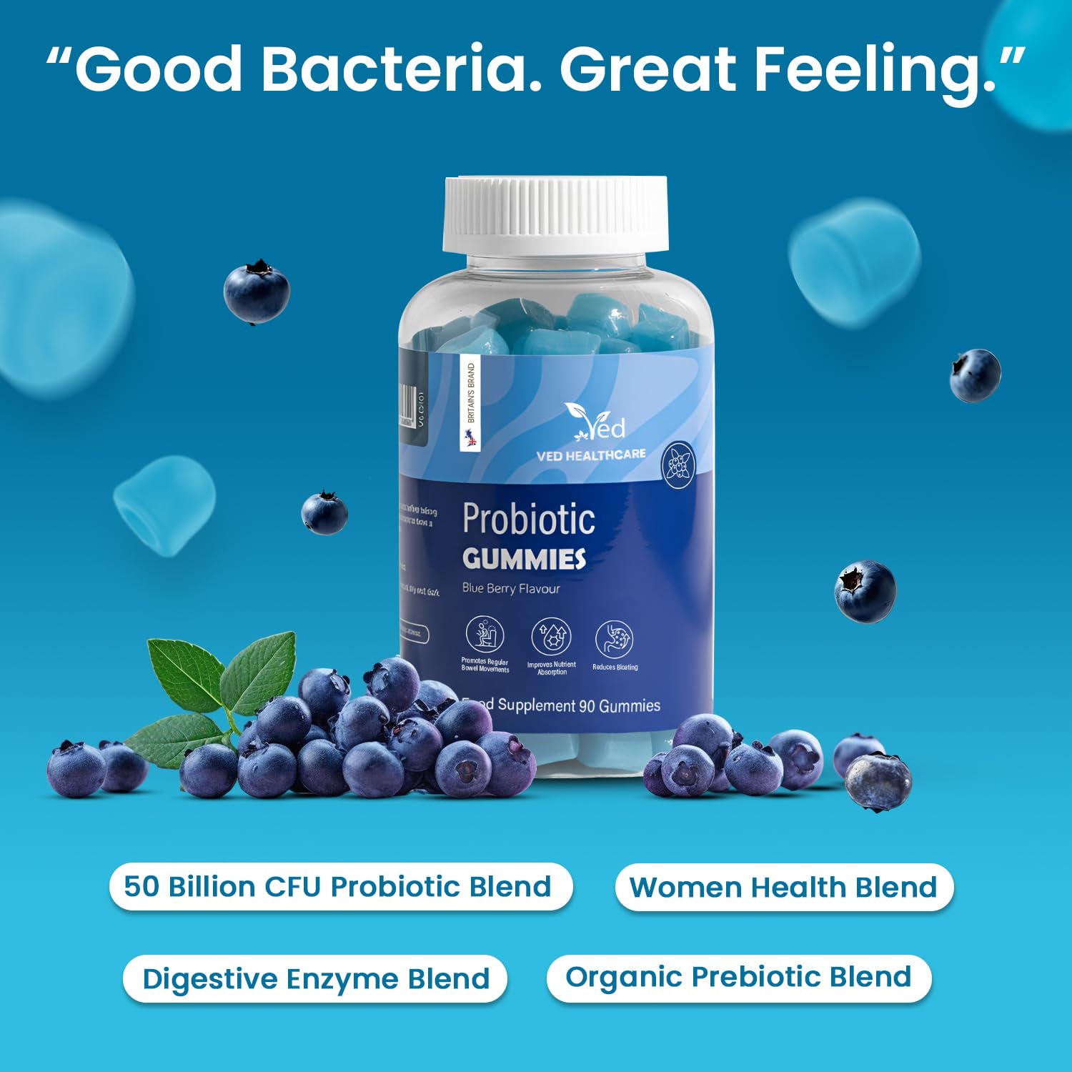 Vegan Probiotic Gummies with Prebiotics, Blueberry Flavour, 2 Gummies Daily (90 Count), 45 Days Supply, Non-GMO, Gluten Free, - PrimeBioHealth - canada supplements