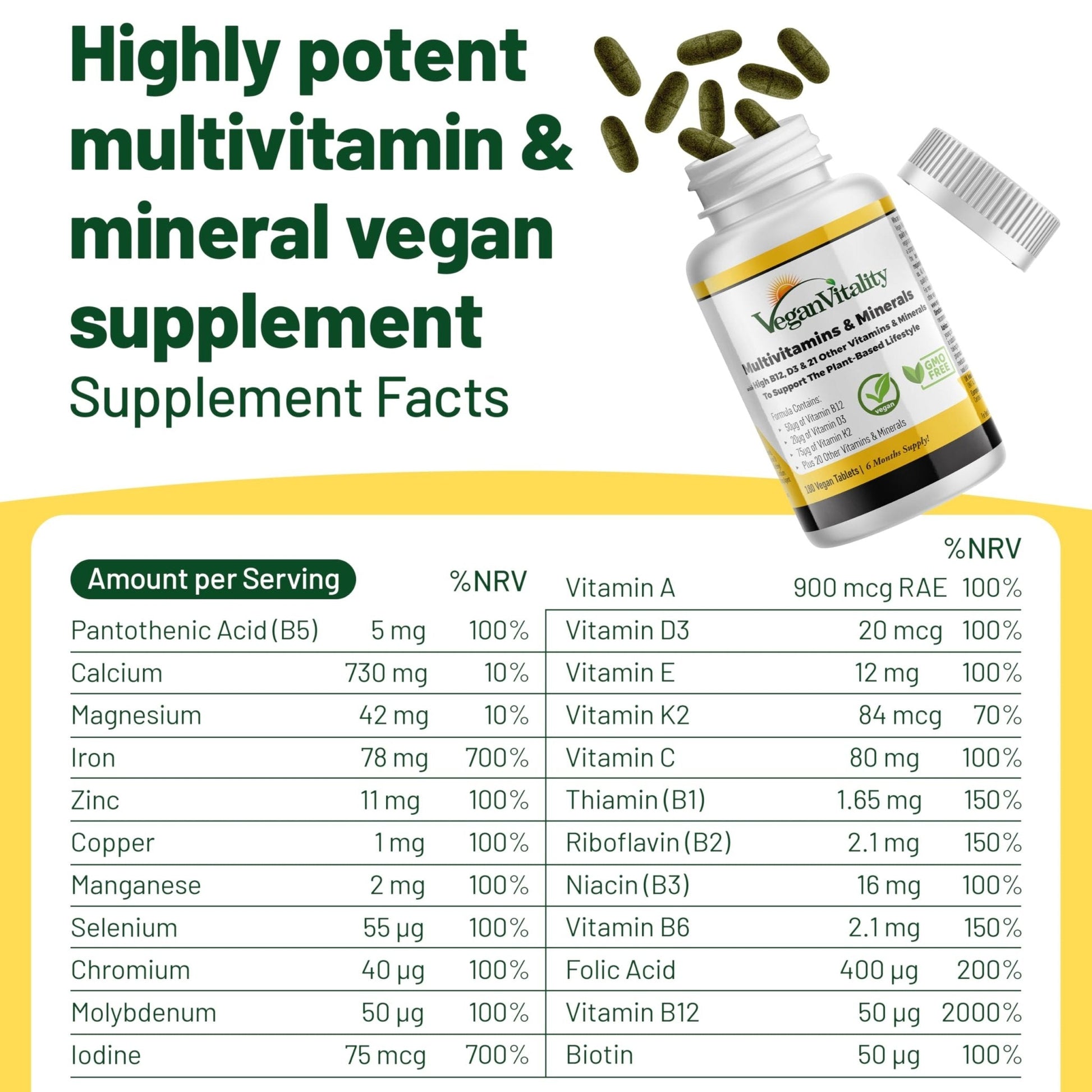 Vegan Vitality Multivitamins & Minerals for Women and Men with High Strength Vitamin B12, D3 & K2. 180 Vegan Multivitamin Tablets - 6 Months Supply - PrimeBioHealth - canada supplements