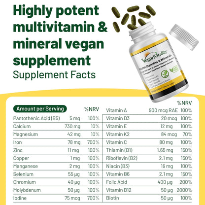 Vegan Vitality Multivitamins & Minerals for Women and Men with High Strength Vitamin B12, D3 & K2. 180 Vegan Multivitamin Tablets - 6 Months Supply - PrimeBioHealth - canada supplements