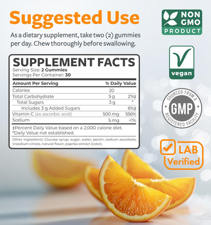 Vegan Vitamin C Gummies for Adults - Immune Support Gummies with Chewable Vitamin C 500mg per Serving for Daily and Seasonal Wellness - High Potency Non-GMO Formula - Orange Flavor (1 Month Supply) - PrimeBioHealth - canada supplements
