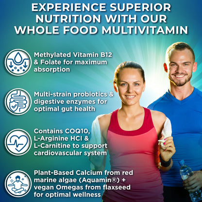 Vegan Whole Food Daily Multivitamin with Iron, Methylated Multivitamin for Women and Men, Made with Fruits & Vegetables, B-Complex, Probiotics, Enzymes - PrimeBioHealth - canada supplements