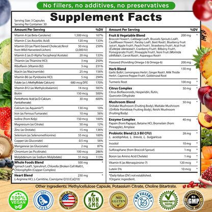 Vegan Whole Food Daily Multivitamin with Iron, Methylated Multivitamin for Women and Men, Made with Fruits & Vegetables, B-Complex, Probiotics, Enzymes - PrimeBioHealth - canada supplements