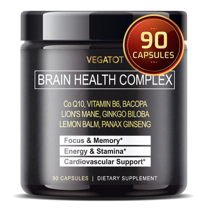 VEGATOT Brain Booster Brain Health Complex Supplement Concentrated with CoQ-10 VIT B6 Lion's Mane Ginkgo Biloba Lemon Balm Ginseng - PrimeBioHealth - canada supplements