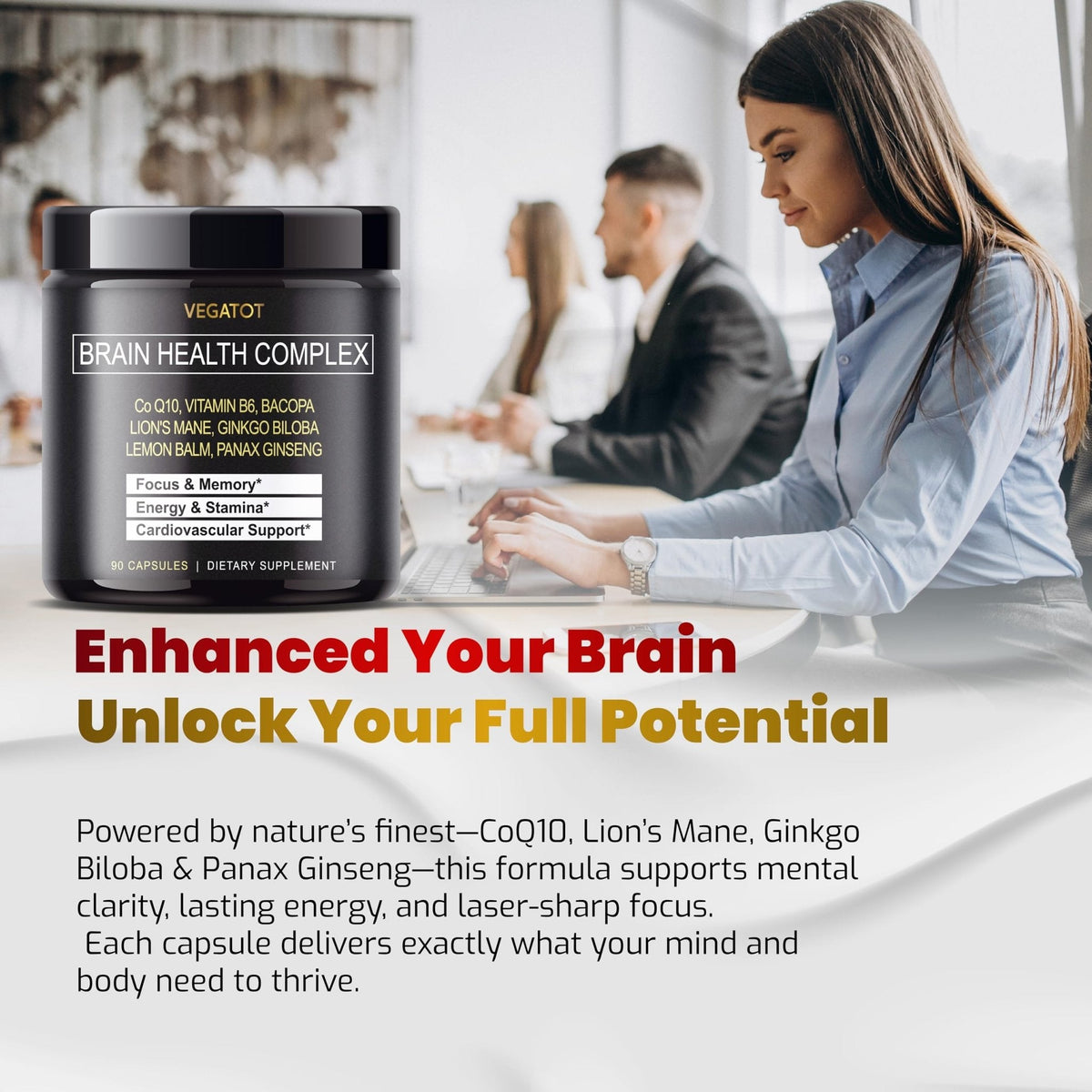 VEGATOT Brain Booster Brain Health Complex Supplement Concentrated with CoQ-10 VIT B6 Lion's Mane Ginkgo Biloba Lemon Balm Ginseng - PrimeBioHealth - canada supplements