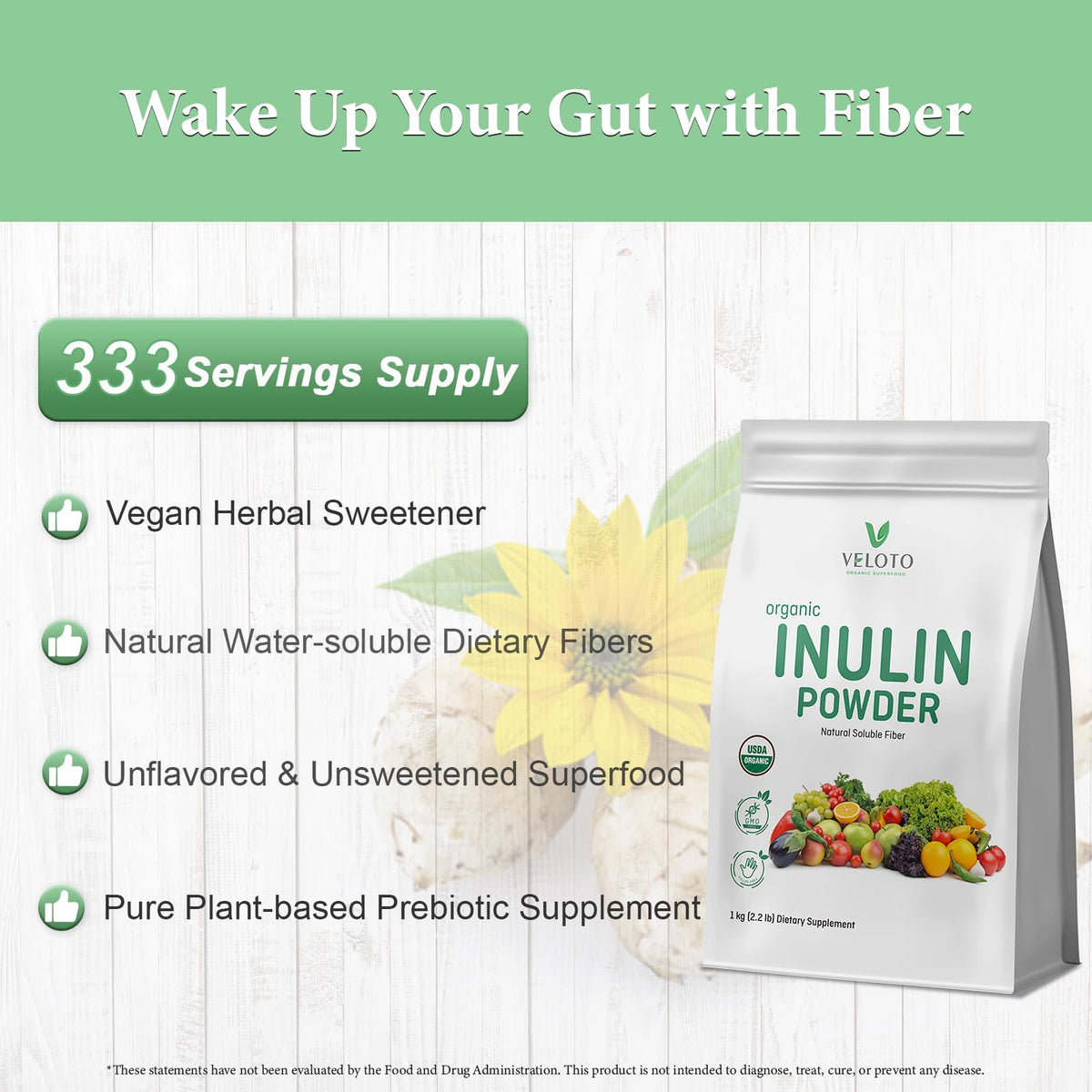 VELOTO Organic Inulin Powder – Prebiotic Fiber Supplement for Smoothies & Drinks, 2.2 lb, Flavorless, Water Soluble, Vegan & Non-GMO - PrimeBioHealth - canada supplements