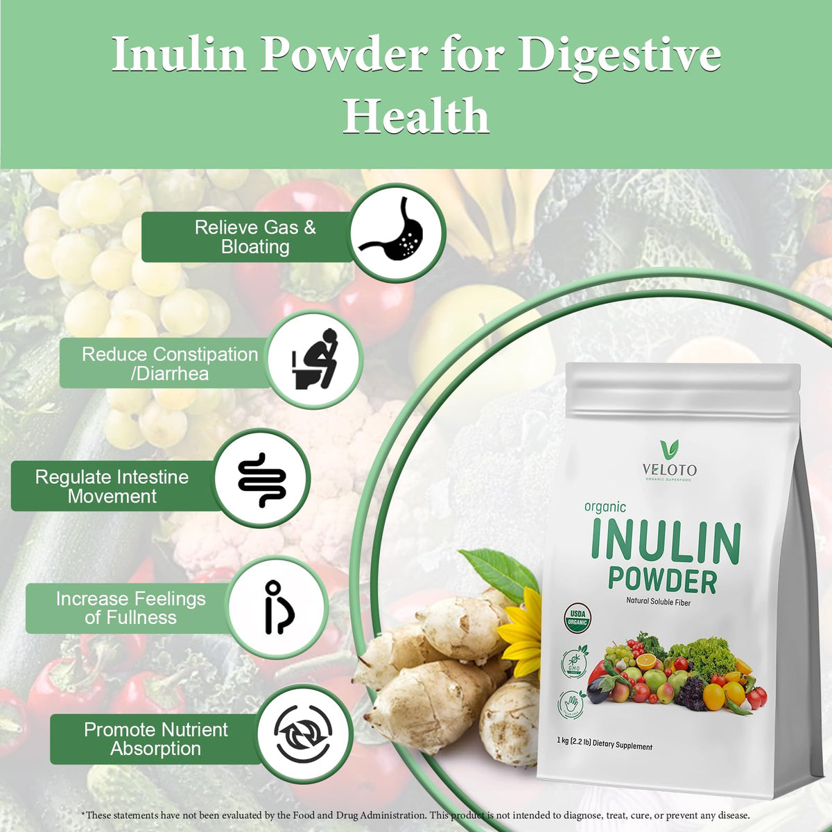 VELOTO Organic Inulin Powder – Prebiotic Fiber Supplement for Smoothies & Drinks, 2.2 lb, Flavorless, Water Soluble, Vegan & Non-GMO - PrimeBioHealth - canada supplements