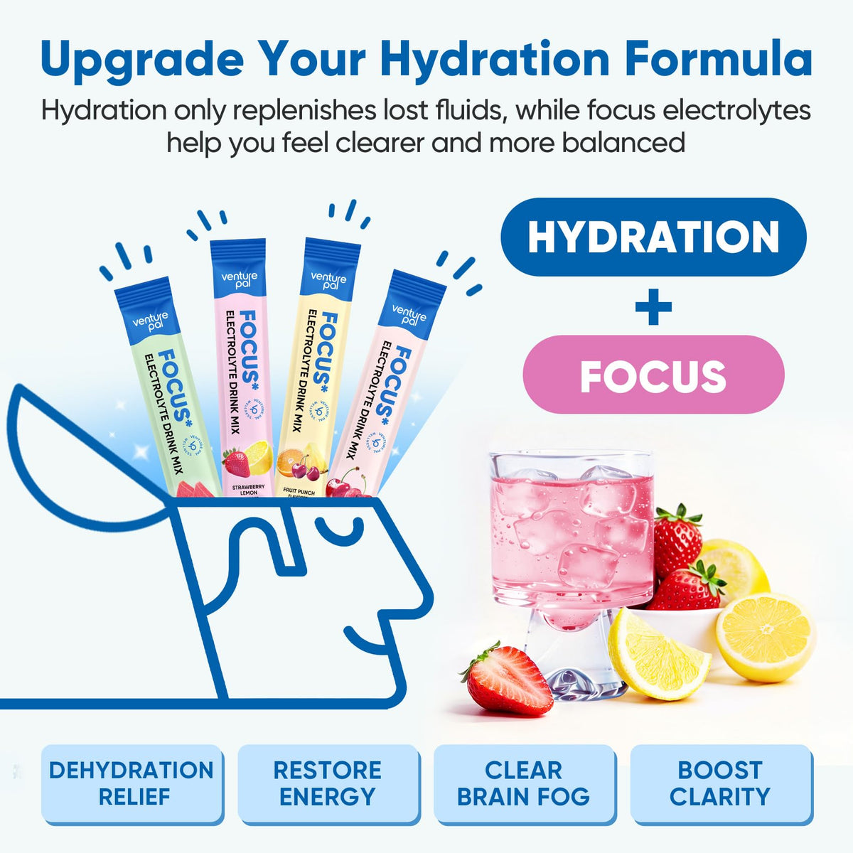 Venture Pal 2-in-1 Hydration Packets + Focus Support Electrolytes Powder, 7 Electrolytes + Vitamins, Magnesium, Lion's Mane & L-Theanine - PrimeBioHealth - canada supplements