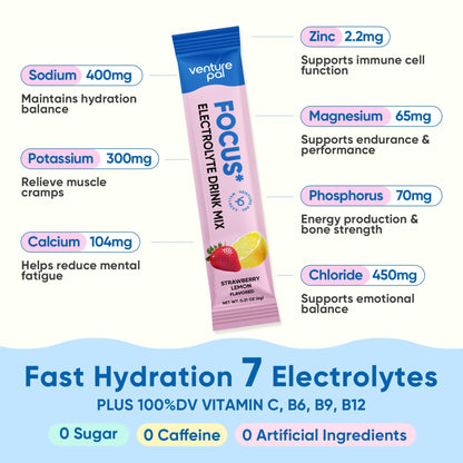 Venture Pal 2-in-1 Hydration Packets + Focus Support Electrolytes Powder, 7 Electrolytes + Vitamins, Magnesium, Lion's Mane & L-Theanine - PrimeBioHealth - canada supplements