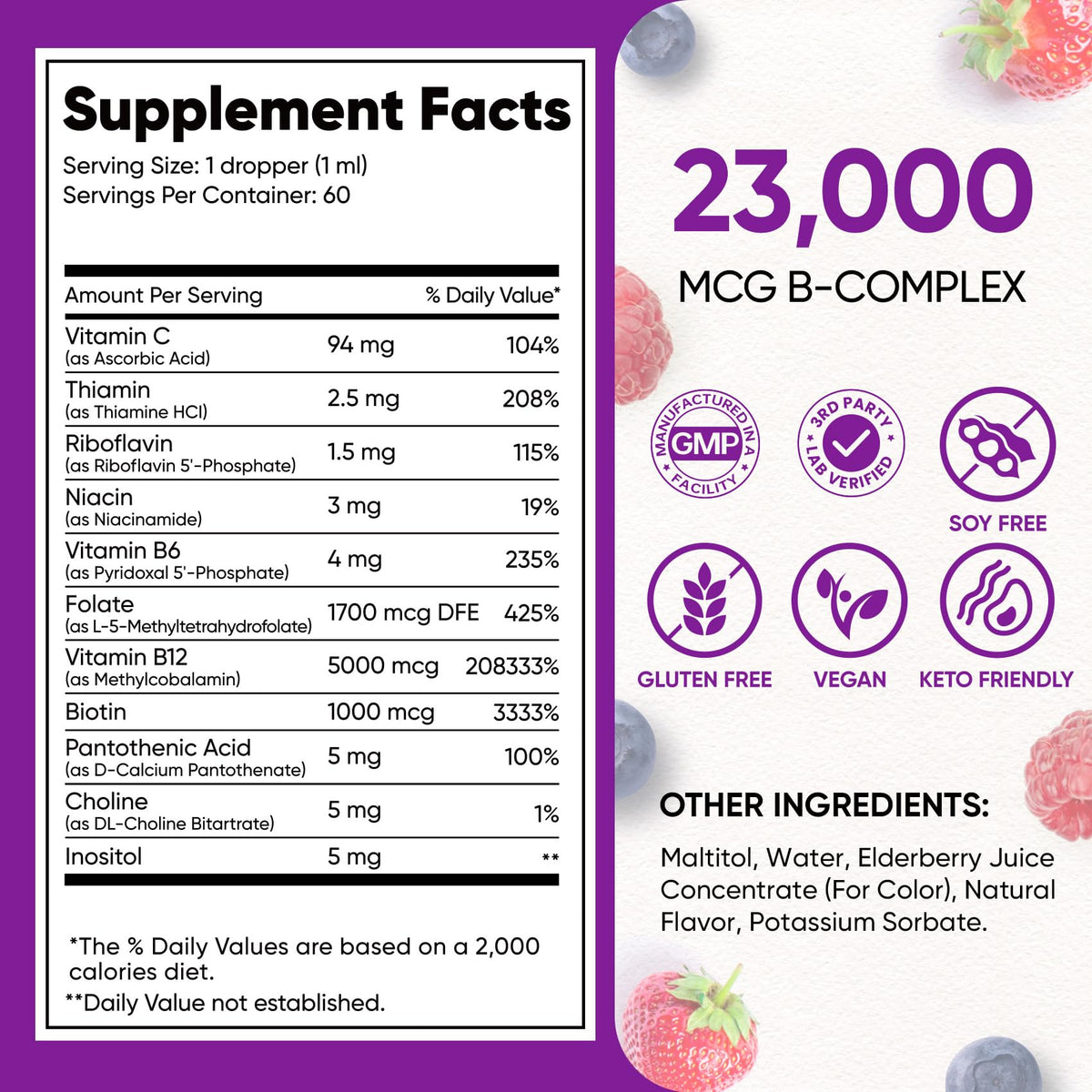 Venture Pal Vitamin B Complex Liquid Drops, B12 Methylcobalamin | B9 Folic | B1,B2,B3,B5,B6,B16 - Vitamin C, Choline, Inositol - PrimeBioHealth - canada supplements
