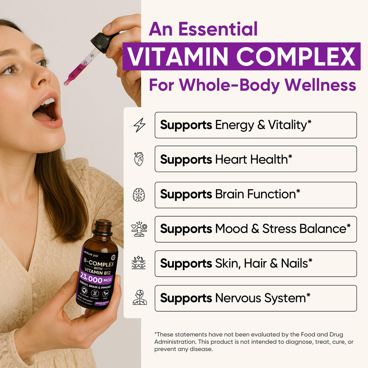 Venture Pal Vitamin B Complex Liquid Drops, B12 Methylcobalamin | B9 Folic | B1,B2,B3,B5,B6,B16 - Vitamin C, Choline, Inositol - PrimeBioHealth - canada supplements
