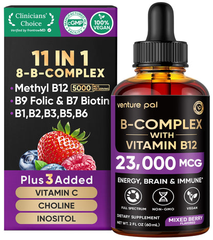Venture Pal Vitamin B Complex Liquid Drops, B12 Methylcobalamin | B9 Folic | B1,B2,B3,B5,B6,B16 - Vitamin C, Choline, Inositol - PrimeBioHealth - canada supplements