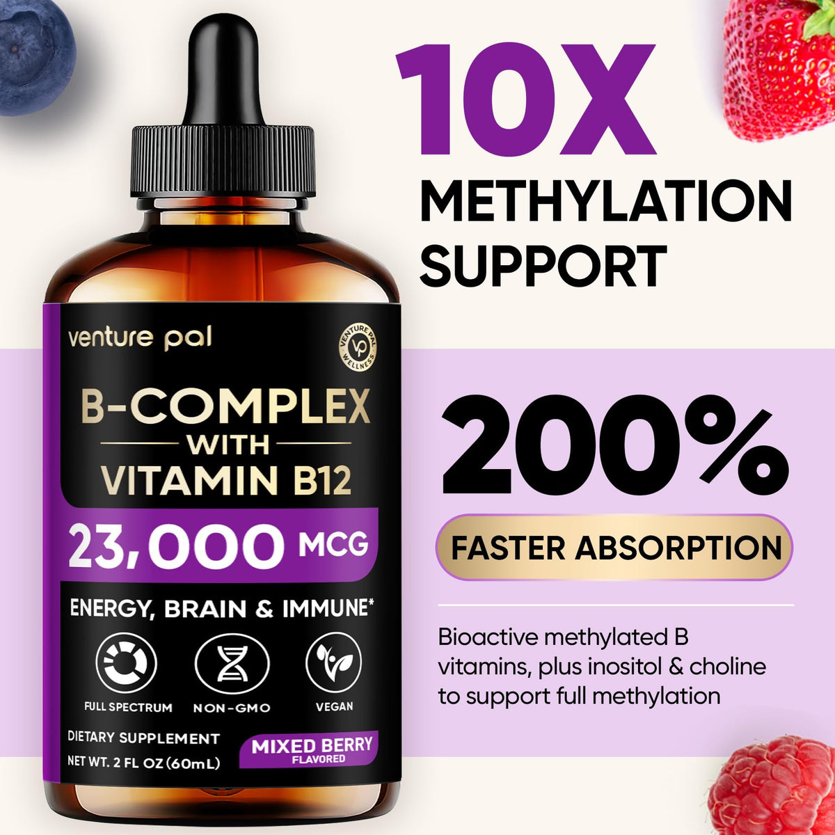 Venture Pal Vitamin B Complex Liquid Drops, B12 Methylcobalamin | B9 Folic | B1,B2,B3,B5,B6,B16 - Vitamin C, Choline, Inositol - PrimeBioHealth - canada supplements