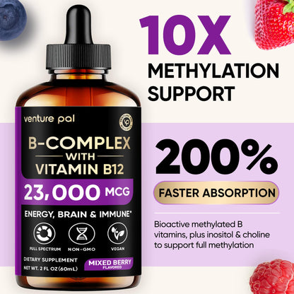 Venture Pal Vitamin B Complex Liquid Drops, B12 Methylcobalamin | B9 Folic | B1,B2,B3,B5,B6,B16 - Vitamin C, Choline, Inositol - PrimeBioHealth - canada supplements