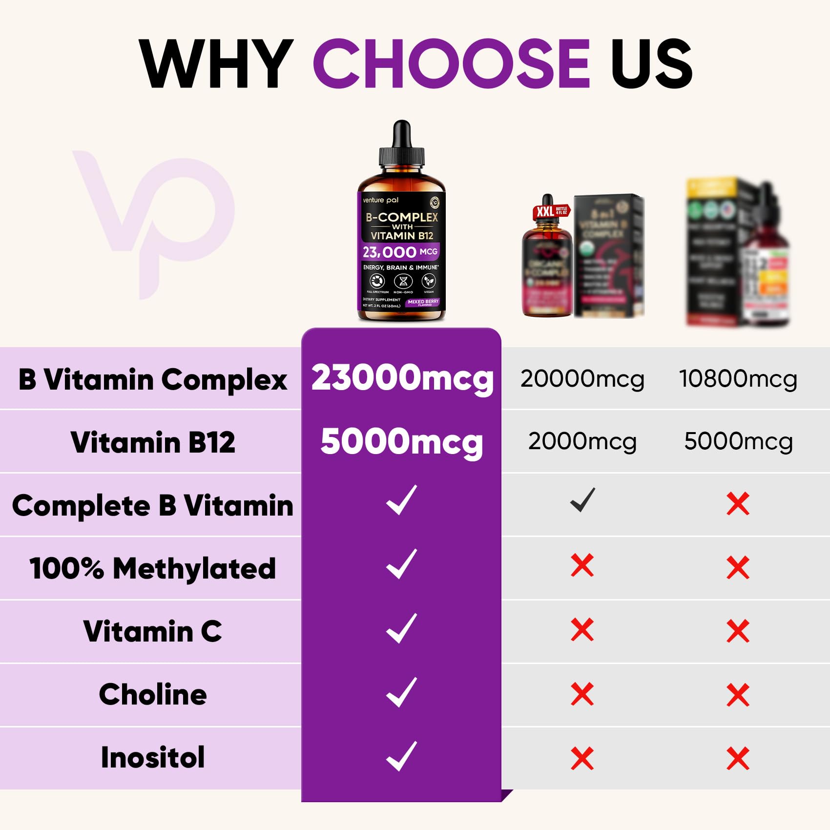 Venture Pal Vitamin B Complex Liquid Drops, B12 Methylcobalamin | B9 Folic | B1,B2,B3,B5,B6,B16 - Vitamin C, Choline, Inositol - PrimeBioHealth - canada supplements