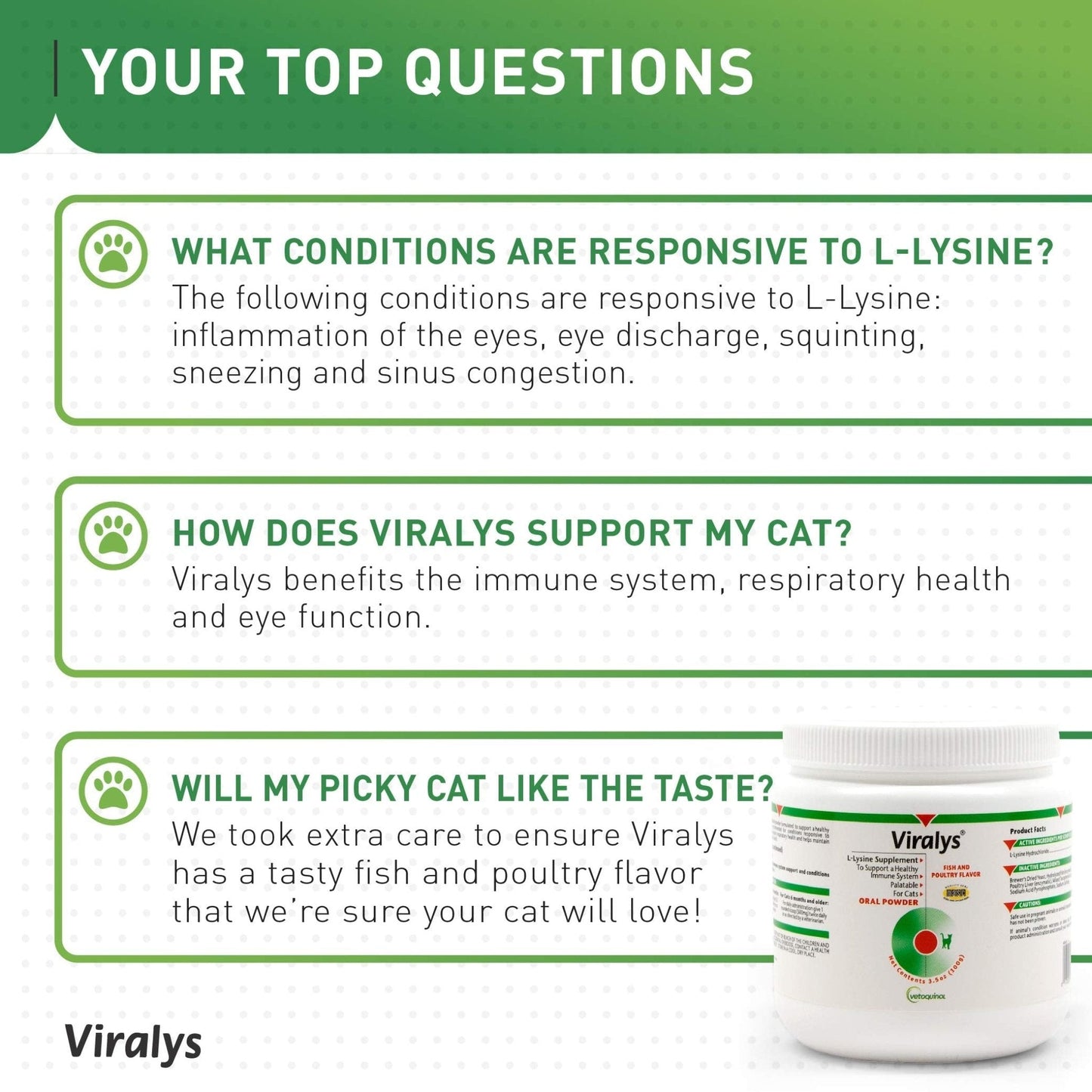 Vetoquinol Viralys Daily L-Lysine Powder for Cats and Kittens, Fish Flavored Lysine Supplement for Cats and Kittens to Support Immune Health - PrimeBioHealth - canada supplements