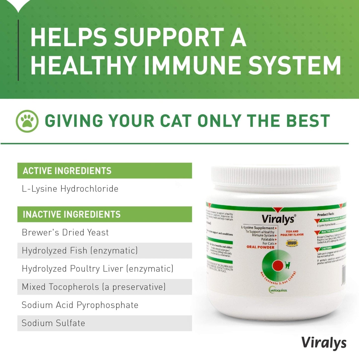 Vetoquinol Viralys Daily L-Lysine Powder for Cats and Kittens, Fish Flavored Lysine Supplement for Cats and Kittens to Support Immune Health - PrimeBioHealth - canada supplements