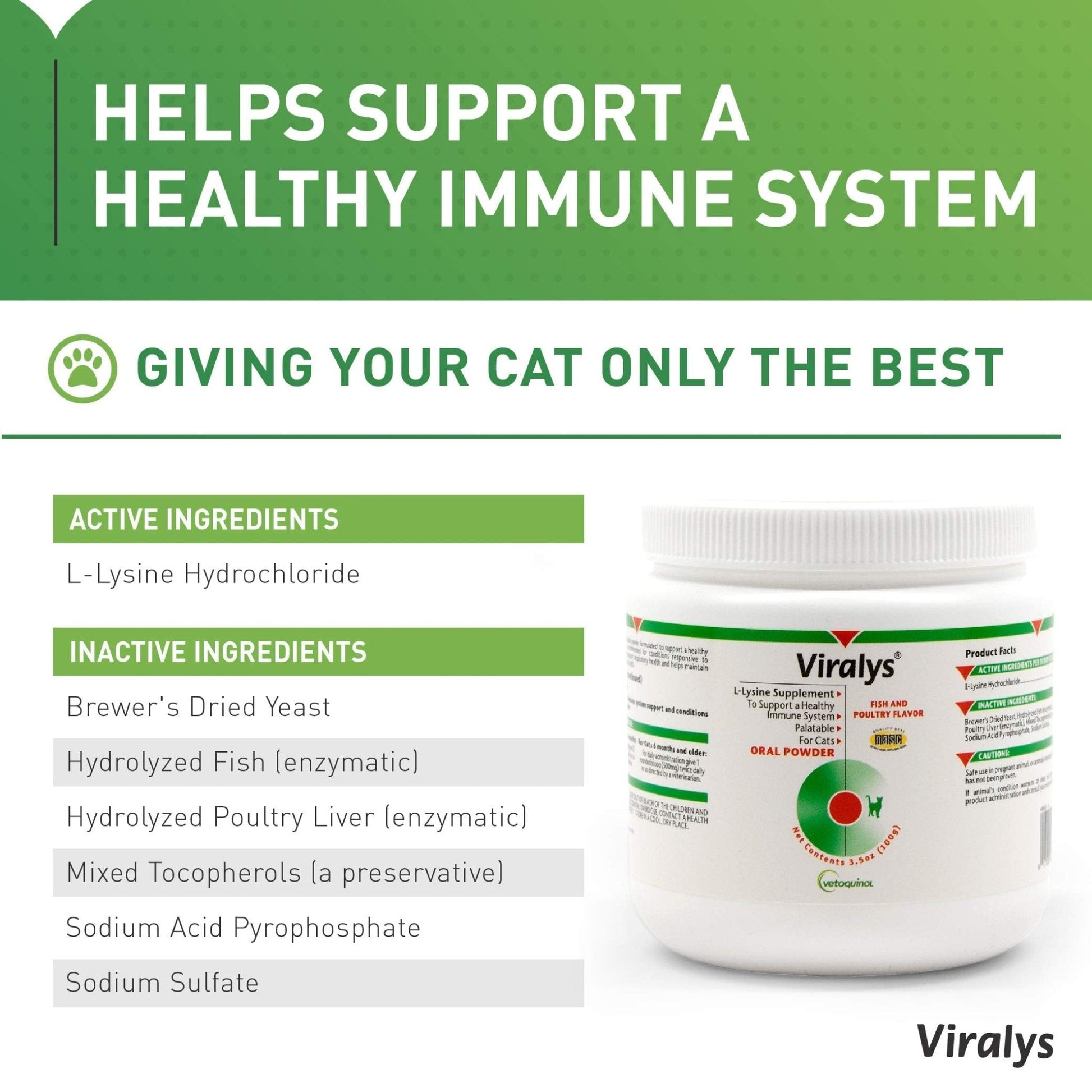 Vetoquinol Viralys Daily L-Lysine Powder for Cats and Kittens, Fish Flavored Lysine Supplement for Cats and Kittens to Support Immune Health - PrimeBioHealth - canada supplements
