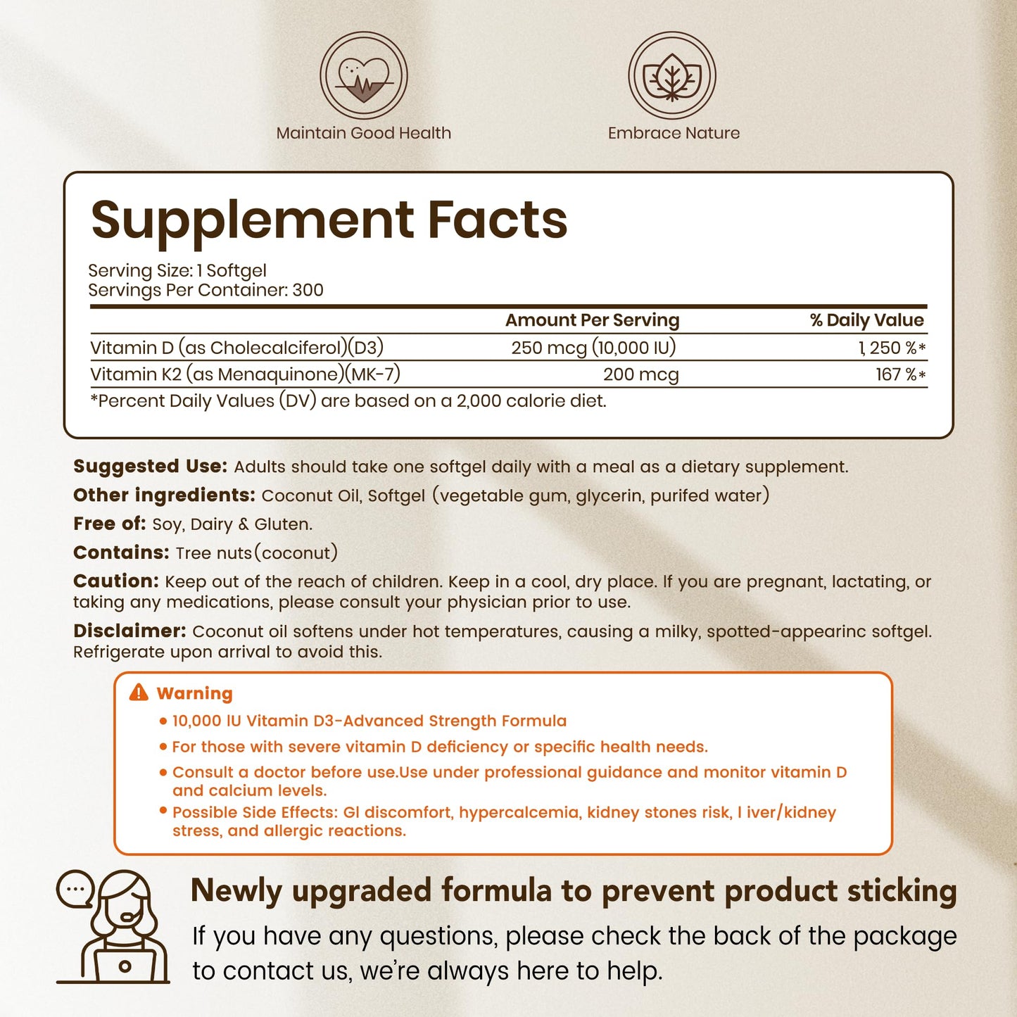 VEV Corefeel Vitamin D3 K2 10,000 IU, 200 mcg MK-7, 300 Coconut Oil Softgels, 2 in 1 Vitamins Supplement D & K (Include MK7), Easy to Swallow - PrimeBioHealth - canada supplements