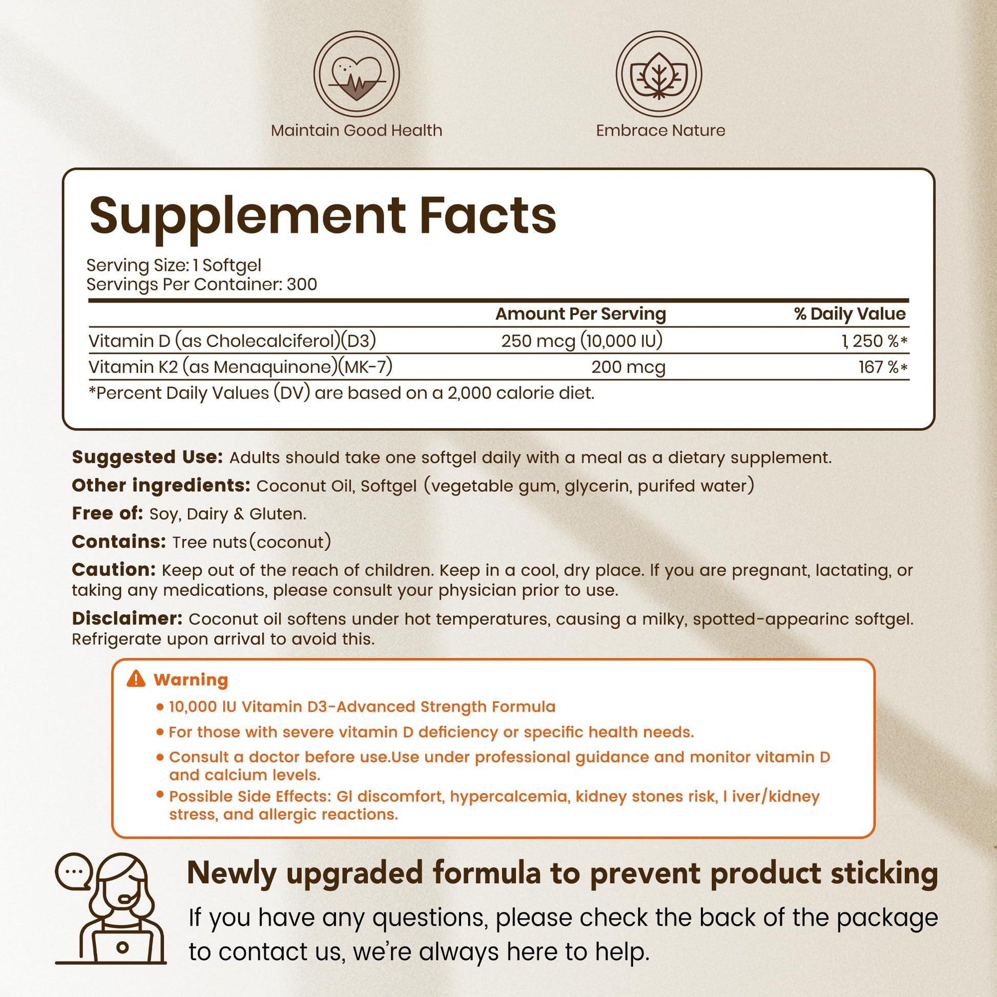 VEV Corefeel Vitamin D3 K2 10,000 IU, 200 mcg MK-7, 300 Coconut Oil Softgels, 2 in 1 Vitamins Supplement D & K (Include MK7), Easy to Swallow - PrimeBioHealth - canada supplements