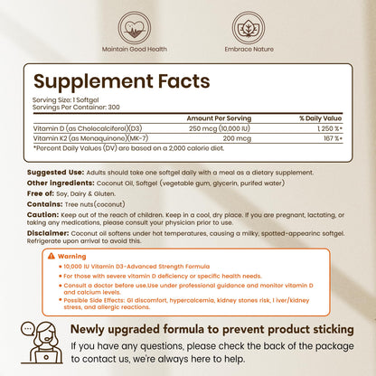VEV Corefeel Vitamin D3 K2 10,000 IU, 200 mcg MK-7, 300 Coconut Oil Softgels, 2 in 1 Vitamins Supplement D & K (Include MK7), Easy to Swallow - PrimeBioHealth - canada supplements