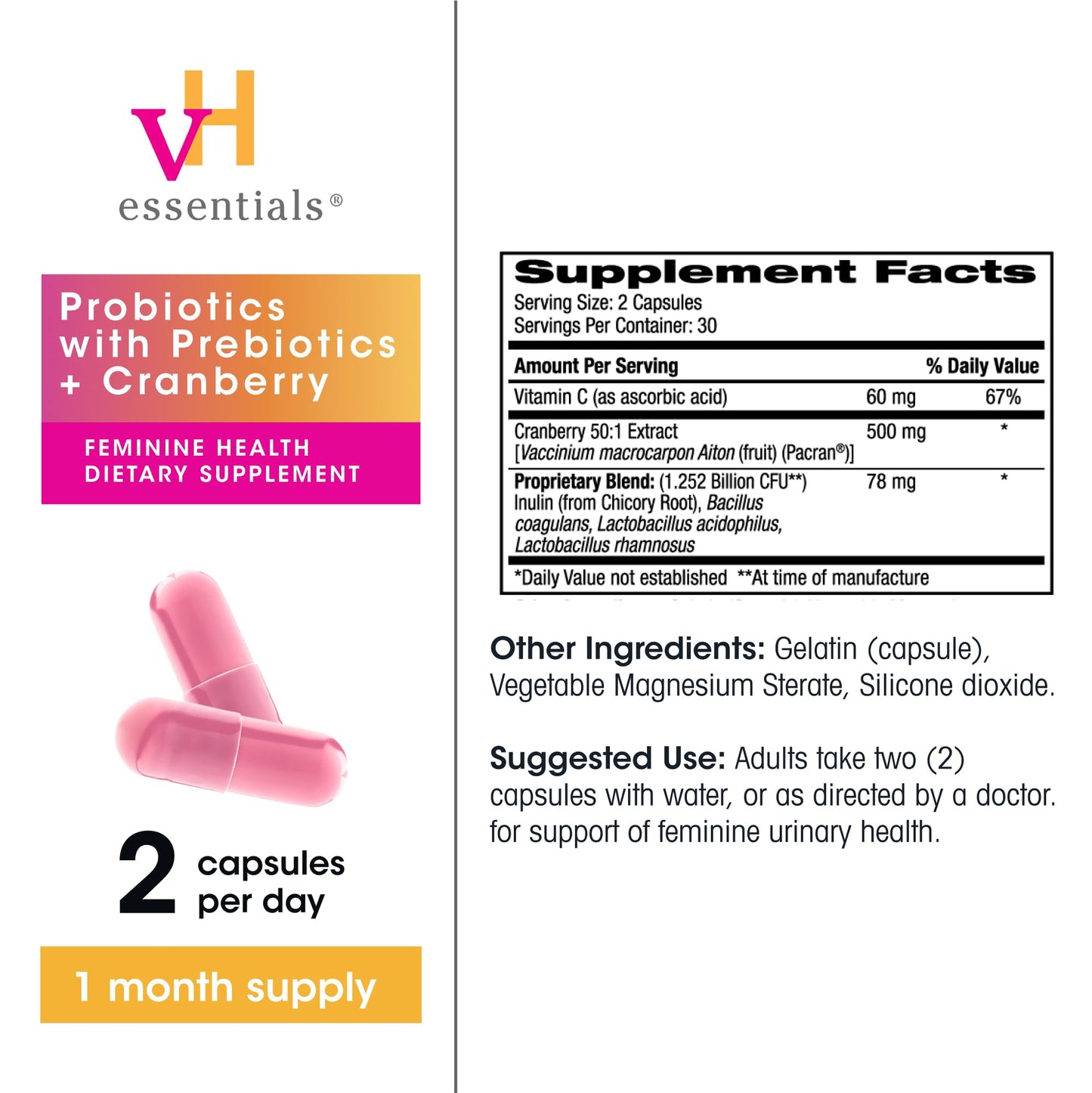 vH essentials Probiotics with Prebiotics and Cranberry Feminine Health Supplement - 60 Capsules - PrimeBioHealth - canada supplements