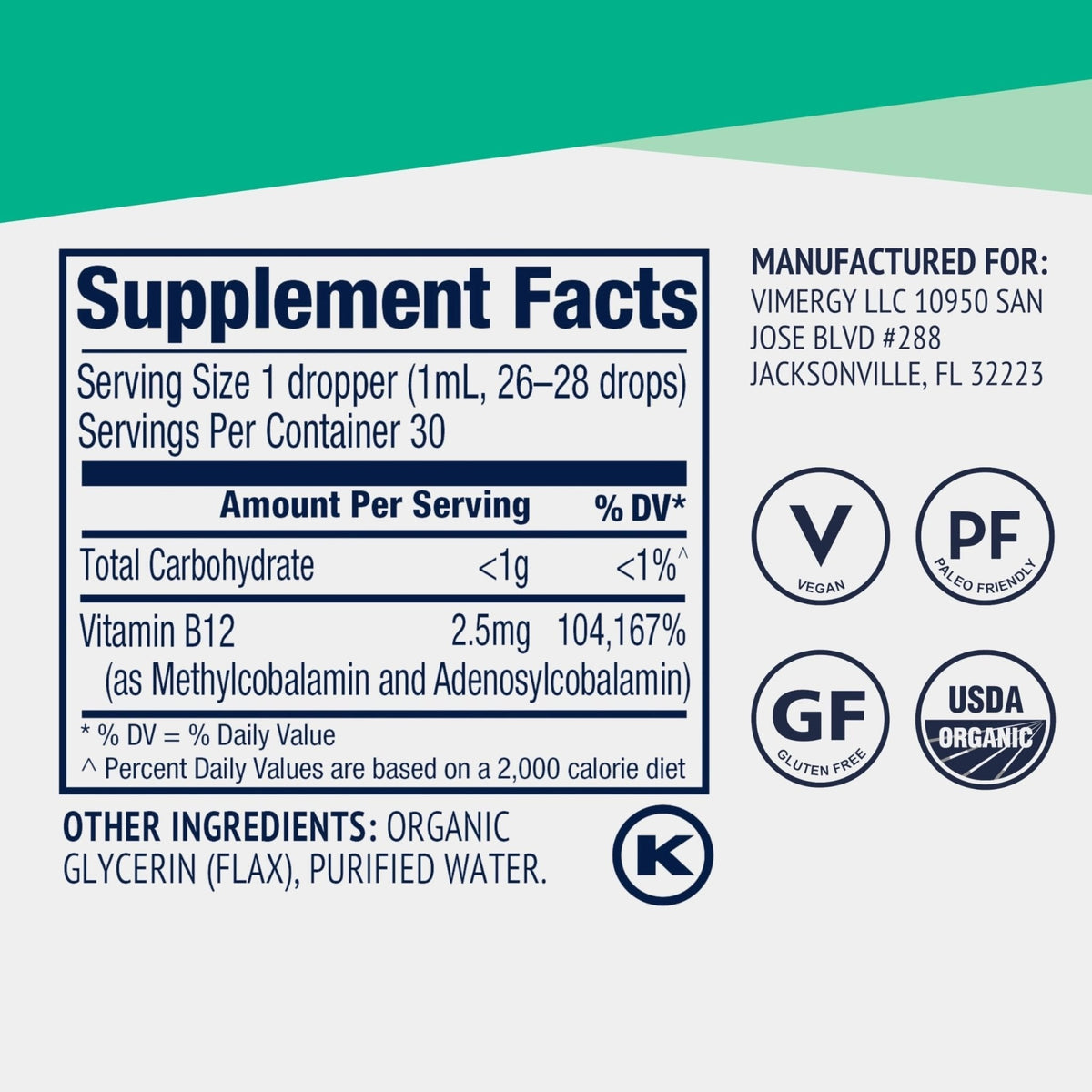 Vimergy USDA Organic Liquid Vitamin B12 Supplement 2500 mcg, Methylcobalamin & Adenosylcobalamin Fast-Absorbing Energy Support, Vegan, Non-GMO B12 Vitamins - PrimeBioHealth - canada supplements