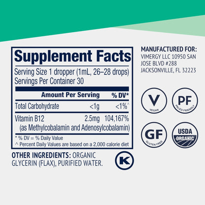 Vimergy USDA Organic Liquid Vitamin B12 Supplement 2500 mcg, Methylcobalamin & Adenosylcobalamin Fast-Absorbing Energy Support, Vegan, Non-GMO B12 Vitamins - PrimeBioHealth - canada supplements