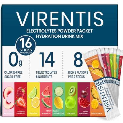 VIRENTIS 16 Sticks Electrolytes Powder Packets Sugar Free Hydration Packets, 8 Flavors Liquid Daily IV Electrolyte Drink Mix for Rehydration - PrimeBioHealth - canada supplements