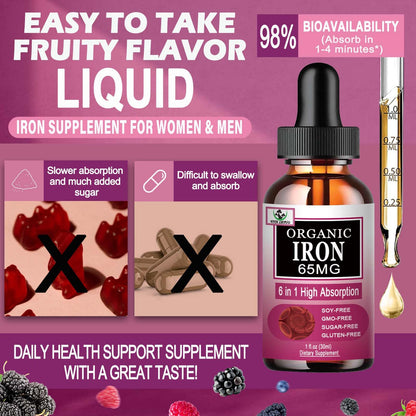 Vita letuo Iron Supplement for Women with Vitamin C,6-in-1 Liquid Supplement w/Vitamin B12,Vitamin B6,High Absorption Liquid Iron Drops for Red Blood Cells - PrimeBioHealth - canada supplements