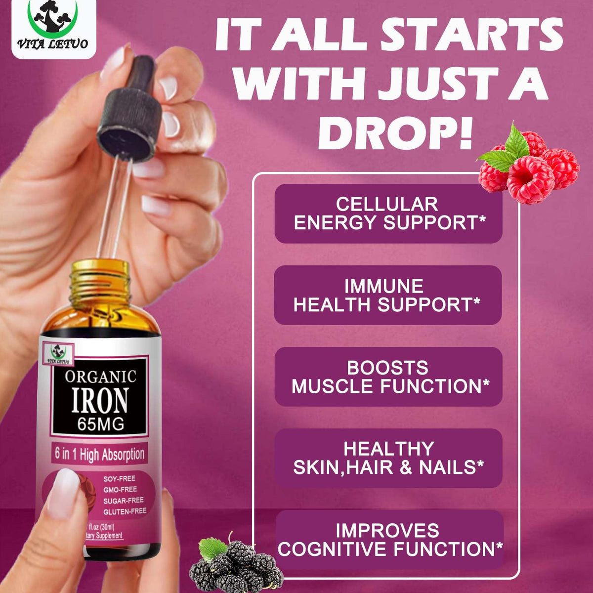 Vita letuo Iron Supplement for Women with Vitamin C,6-in-1 Liquid Supplement w/Vitamin B12,Vitamin B6,High Absorption Liquid Iron Drops for Red Blood Cells - PrimeBioHealth - canada supplements