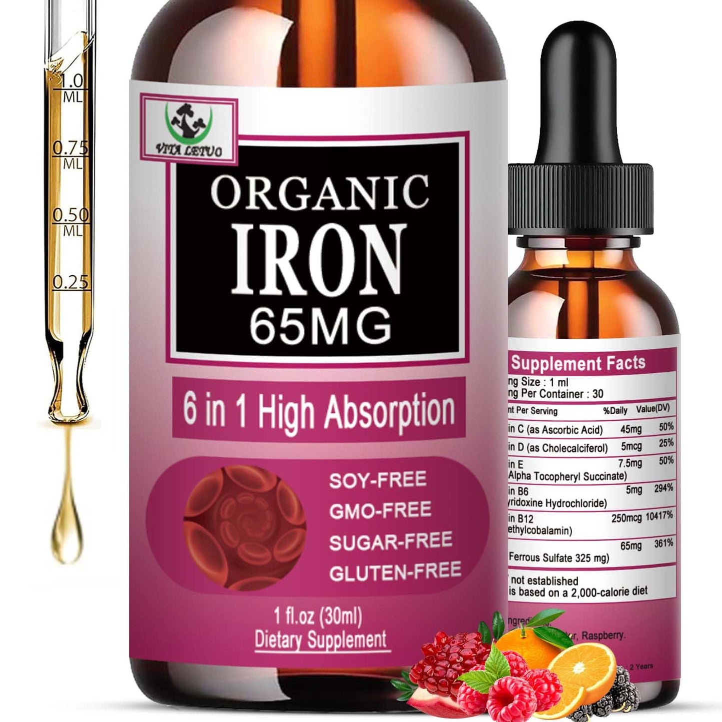 Vita letuo Iron Supplement for Women with Vitamin C,6-in-1 Liquid Supplement w/Vitamin B12,Vitamin B6,High Absorption Liquid Iron Drops for Red Blood Cells - PrimeBioHealth - canada supplements
