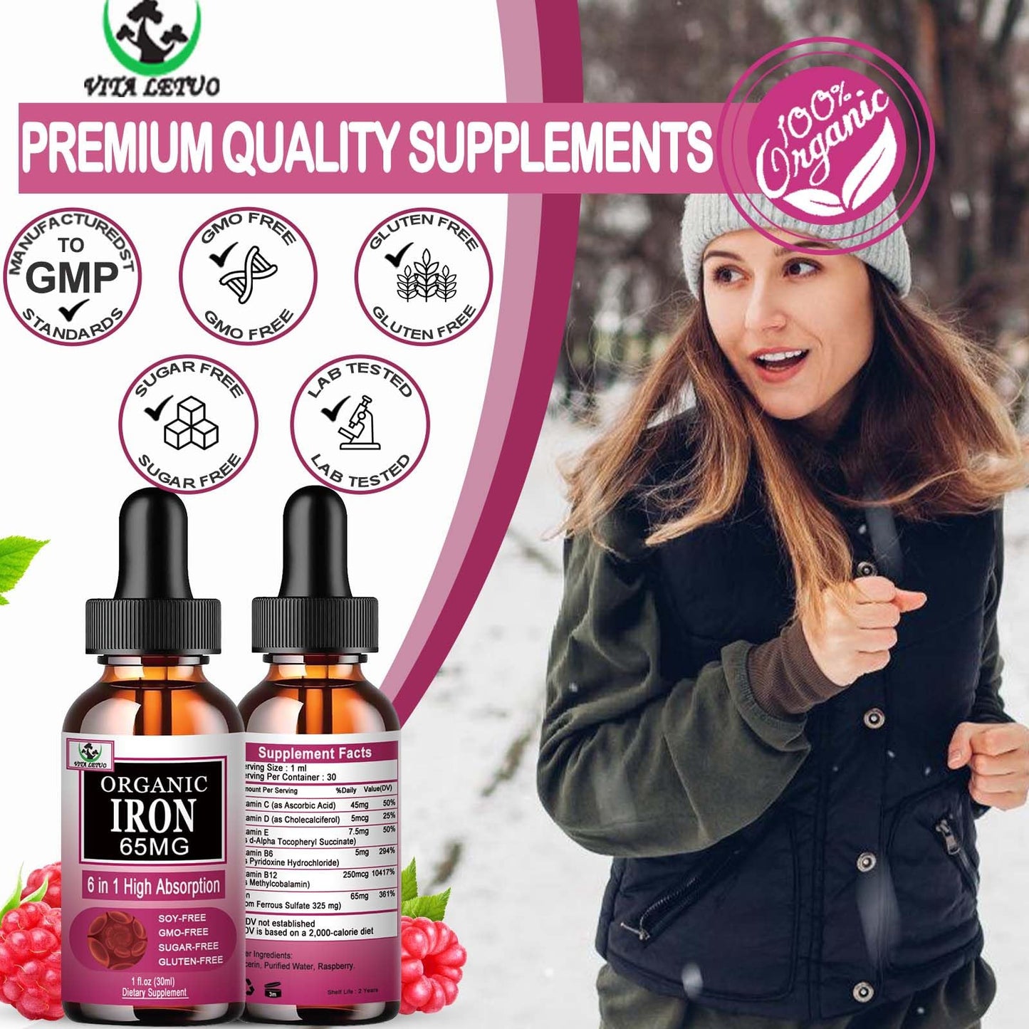 Vita letuo Iron Supplement for Women with Vitamin C,6-in-1 Liquid Supplement w/Vitamin B12,Vitamin B6,High Absorption Liquid Iron Drops for Red Blood Cells - PrimeBioHealth - canada supplements