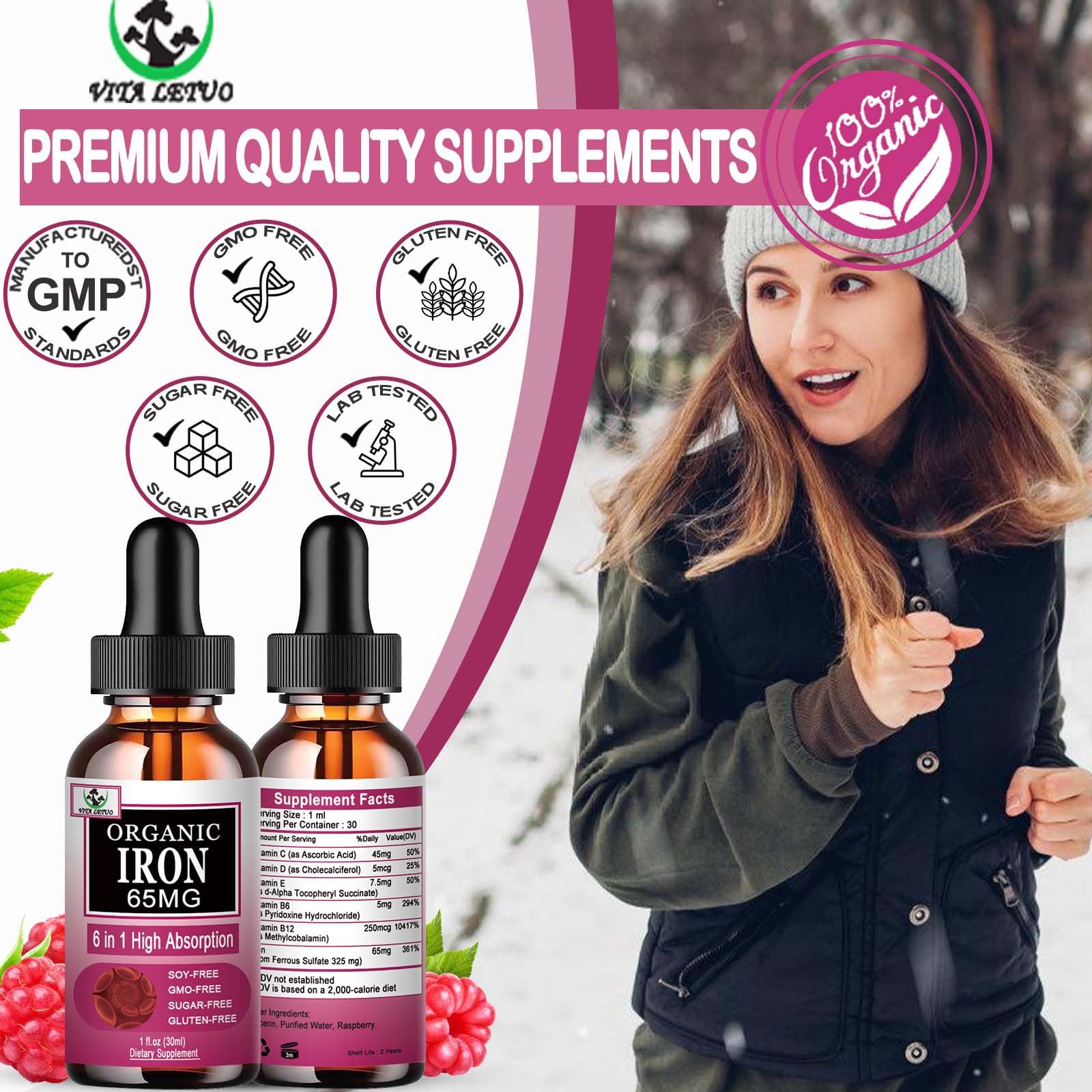 Vita letuo Iron Supplement for Women with Vitamin C,6-in-1 Liquid Supplement w/Vitamin B12,Vitamin B6,High Absorption Liquid Iron Drops for Red Blood Cells - PrimeBioHealth - canada supplements
