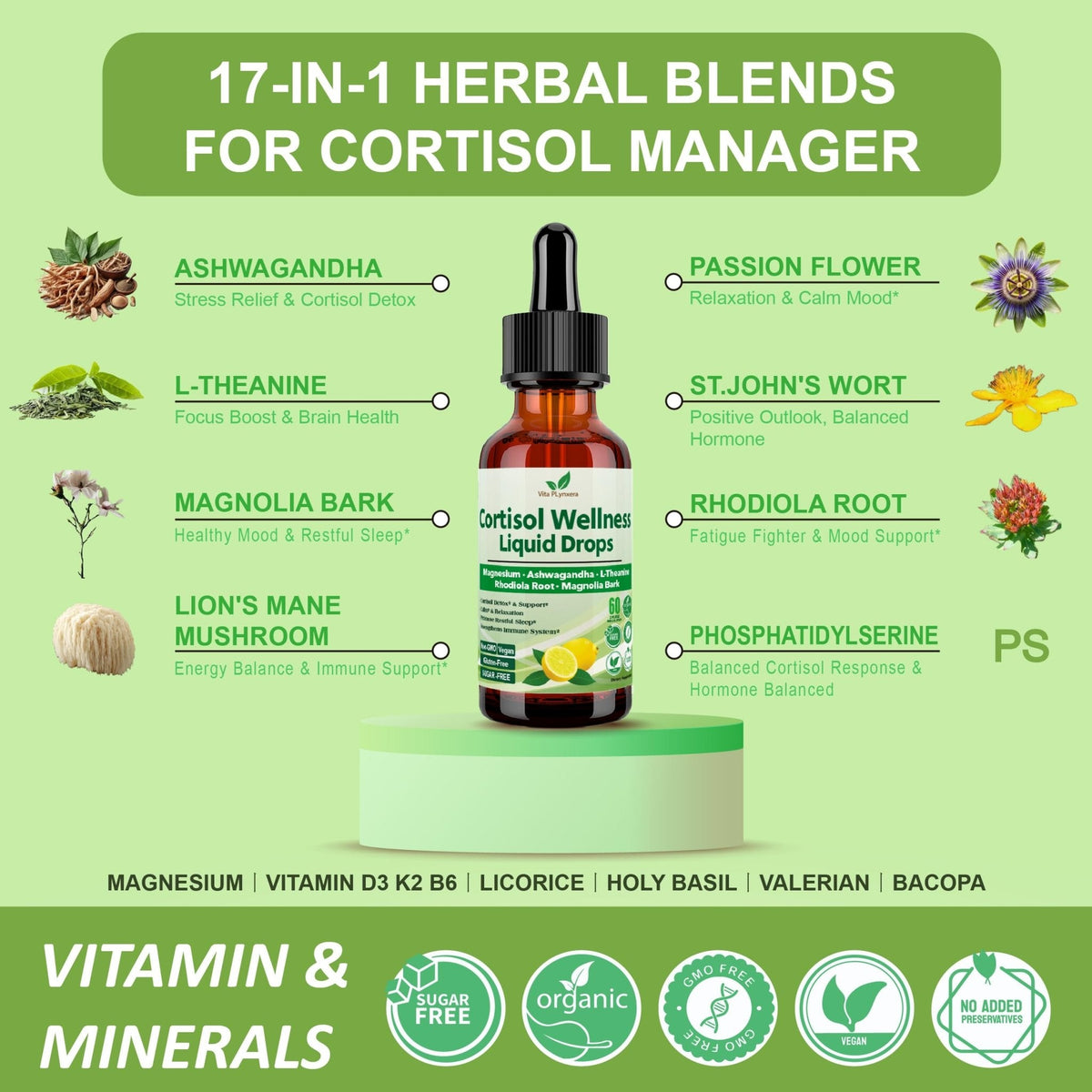 Vita PLynxera Cortisol Supplement Liquid Drops, 17-in-1 Cortisol Detox w. Magnesium Glycinate 400mg Ashwagandha, L-Theanine, Phosphatidylserine, Hormone Balanced - PrimeBioHealth - canada supplements
