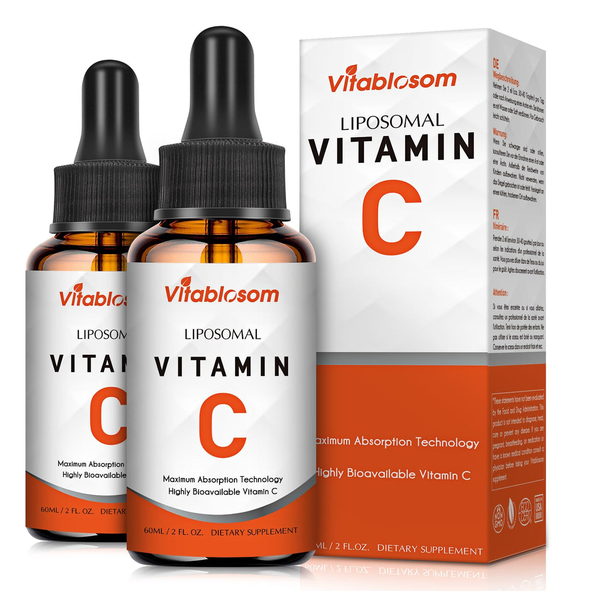 Vitablosom Liposomal Vitamin C 2000mg Liquid for Adults, High Absorption VIT C, Maximize Vitamin C, Immune System & Antioxidant Support, 60ML (2 Bottle) - PrimeBioHealth - canada supplements
