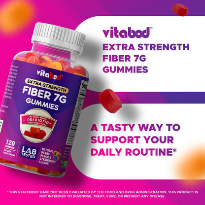Vitabod Fiber Gummies 7G Per Serving for Digestive Health & Regularity, Prebiotic GOFOS™ Plant-Based Fiber, No Sugar Added, Vegan, Berry Peach Strawberry, 120 Gummies (Adults, Women & Men) - PrimeBioHealth - canada supplements