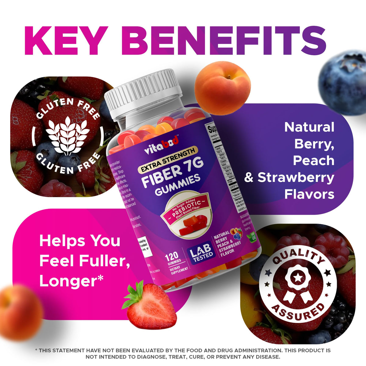 Vitabod Fiber Gummies 7G Per Serving for Digestive Health & Regularity, Prebiotic GOFOS™ Plant-Based Fiber, No Sugar Added, Vegan, Berry Peach Strawberry, 120 Gummies (Adults, Women & Men) - PrimeBioHealth - canada supplements