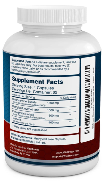 VitaBreeze Glucosamine Chondroitin, MSM & Turmeric Dietary Supplement - 248 Capsules - PrimeBioHealth - canada supplements
