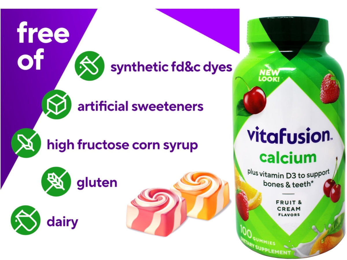 VitaFusion Calcium 500 mg Dietary Supplement Gummies Natural Fruit and Cream Flavors - 100 ct, Pack of 2 - PrimeBioHealth - canada supplements