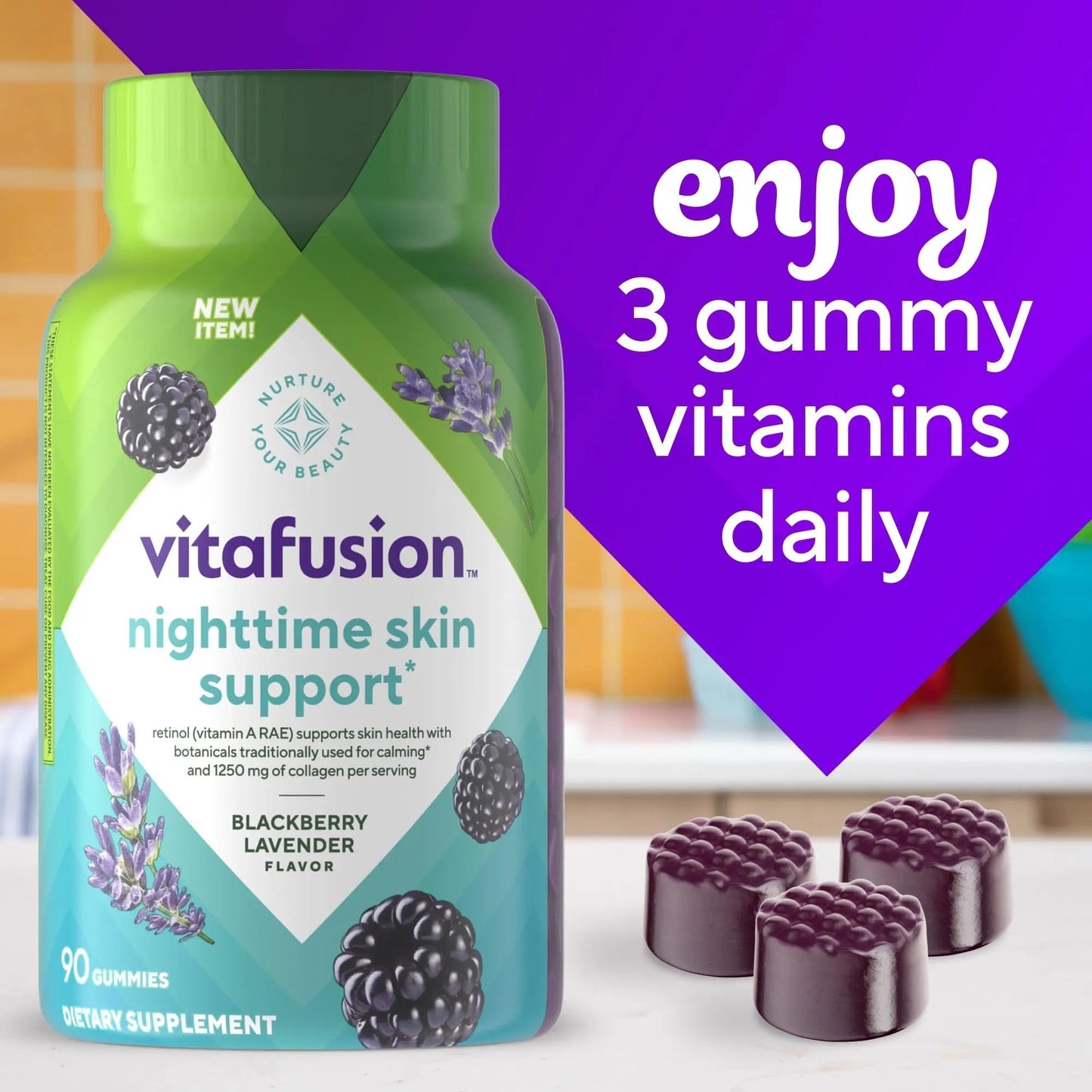 vitafusion Nighttime Skin Support (1), Beauty Supplement with Retinol (Vitamin A RAE), Collagen & Bedtime Botanicals - PrimeBioHealth - canada supplements