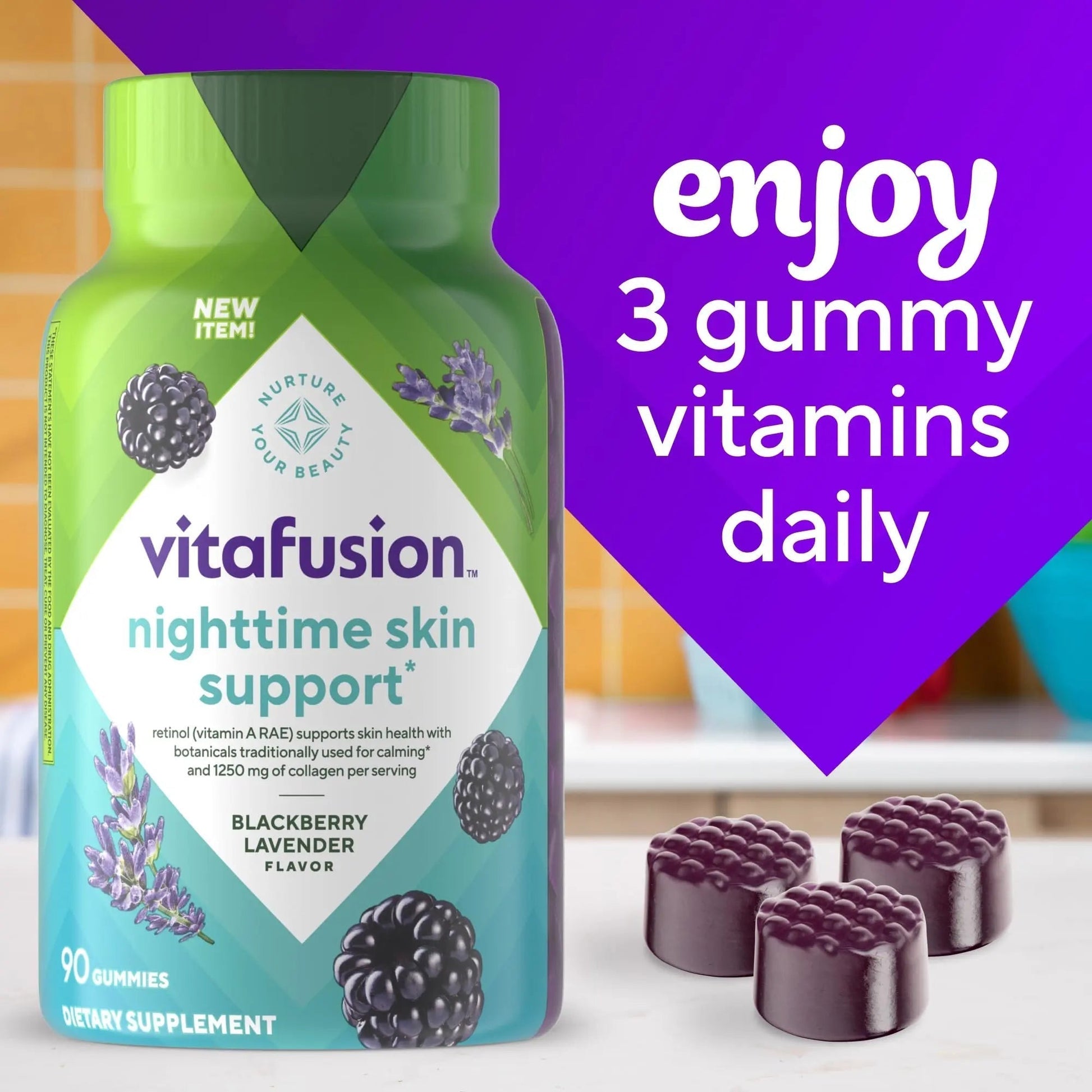 vitafusion Nighttime Skin Support (1), Beauty Supplement with Retinol (Vitamin A RAE), Collagen & Bedtime Botanicals - PrimeBioHealth - canada supplements