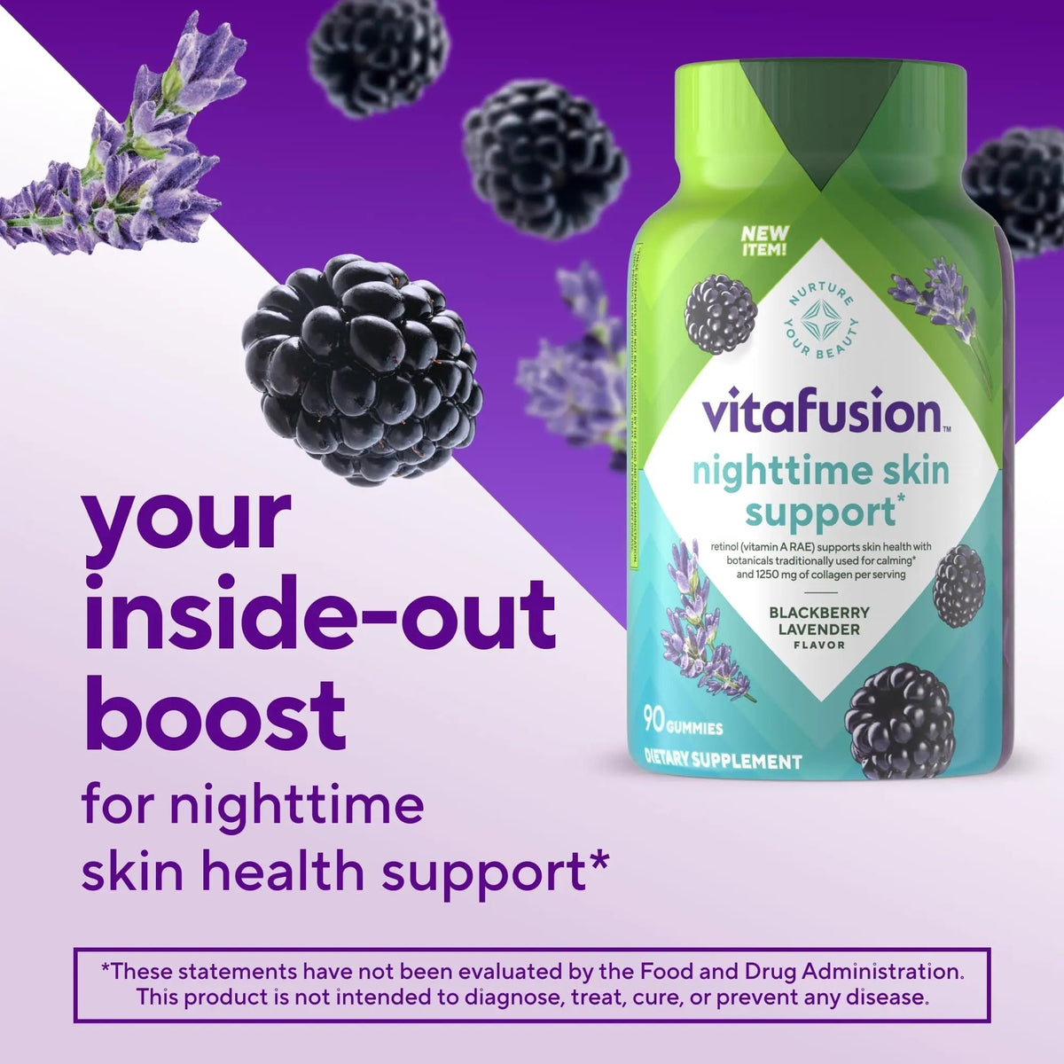 vitafusion Nighttime Skin Support (1), Beauty Supplement with Retinol (Vitamin A RAE), Collagen & Bedtime Botanicals - PrimeBioHealth - canada supplements