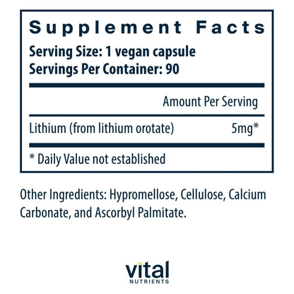 Vital Nutrients Lithium Orotate - Vegan Lithium Supplements for Memory, State of Mind, and Behavioral Health*- 5mg - Gluten, Dairy, Soy Free - 90 Capsules - PrimeBioHealth - canada supplements