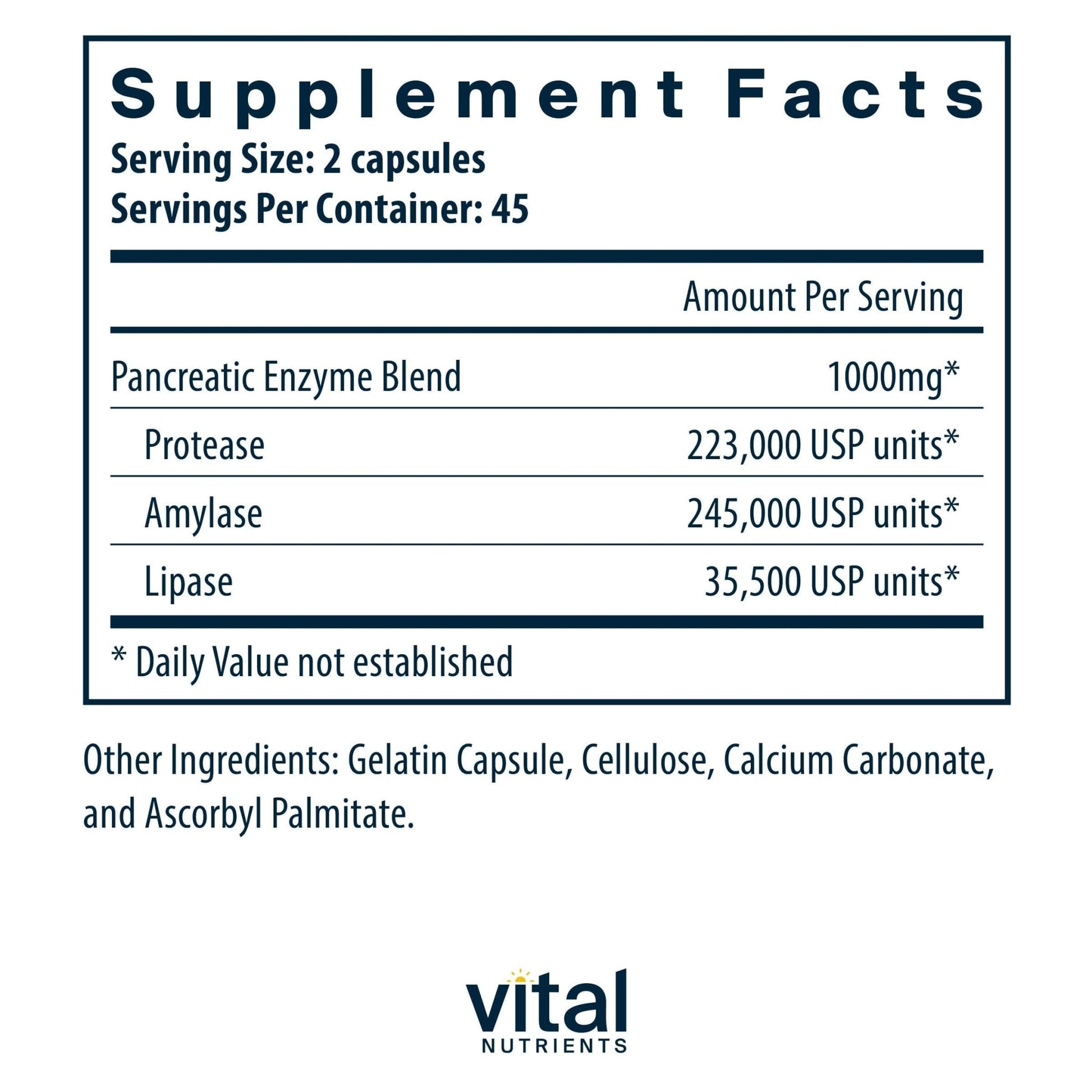 Vital Nutrients Pancreatic Enzymes 1000mg (Full Strength) - Pancreatin Digestion Supplement with Protease, Amylase & Lipase - Digestive Enzymes - PrimeBioHealth - canada supplements