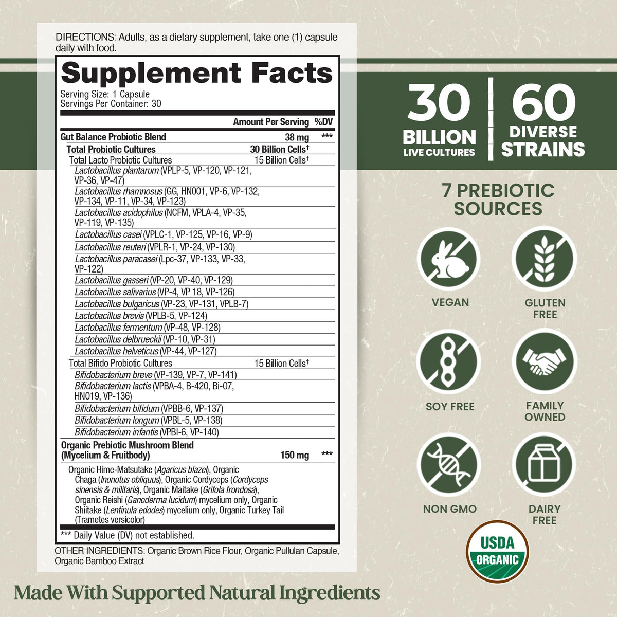 Vital Planet - Organic Flora Probiotics for Gut Health Balance, Shelf Stable Probiotic 30 Billion CFU, 60 Diverse Strains, Prebiotic Organic Mushroom Blend - PrimeBioHealth - canada supplements