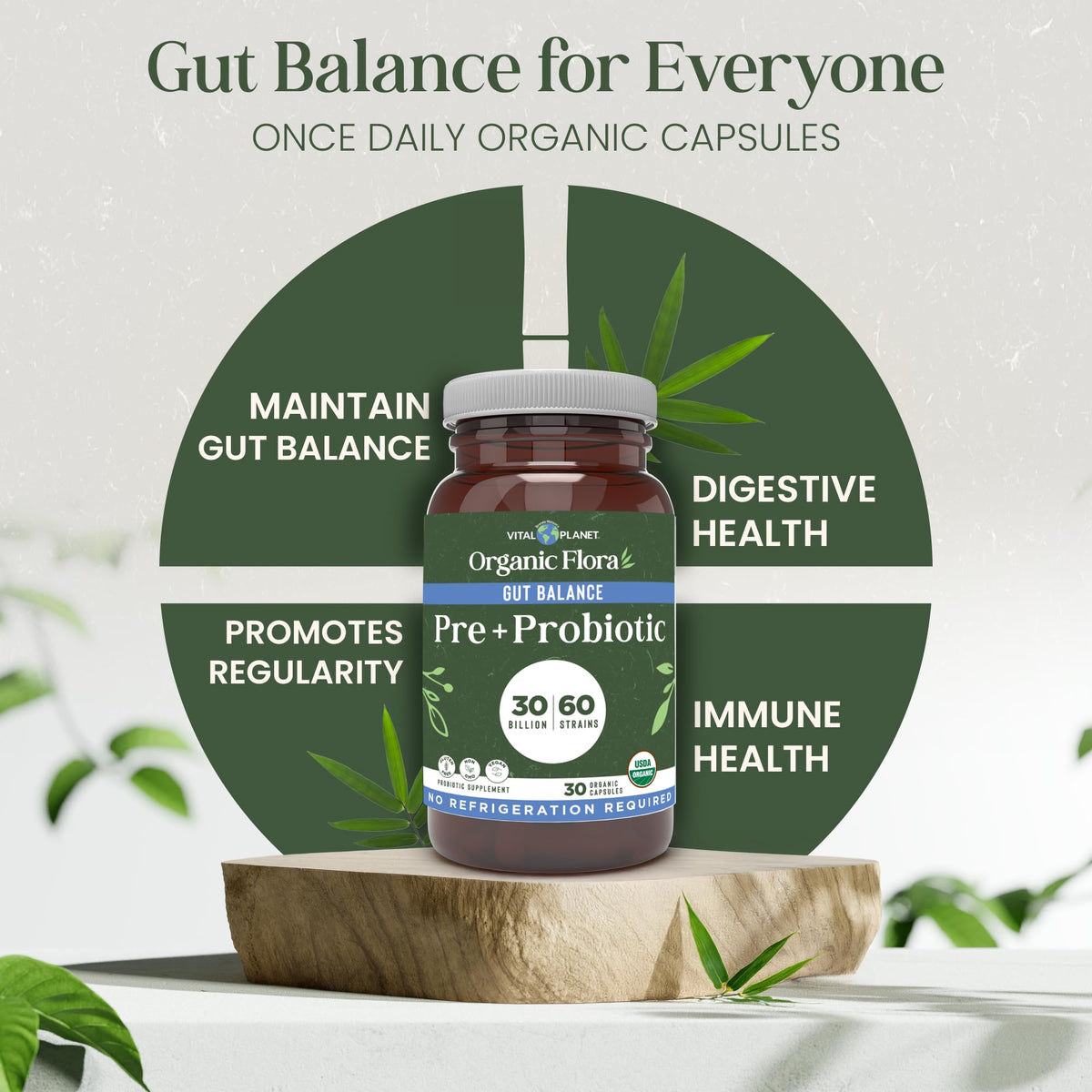 Vital Planet - Organic Flora Probiotics for Gut Health Balance, Shelf Stable Probiotic 30 Billion CFU, 60 Diverse Strains, Prebiotic Organic Mushroom Blend - PrimeBioHealth - canada supplements