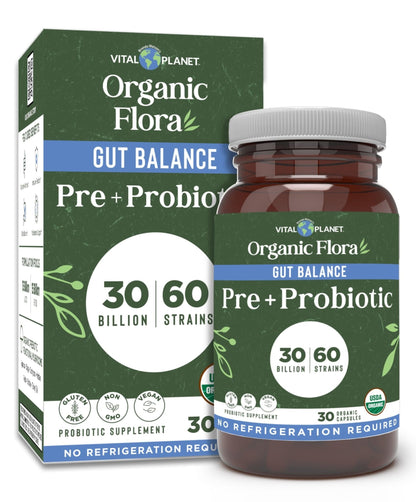 Vital Planet - Organic Flora Probiotics for Gut Health Balance, Shelf Stable Probiotic 30 Billion CFU, 60 Diverse Strains, Prebiotic Organic Mushroom Blend - PrimeBioHealth - canada supplements