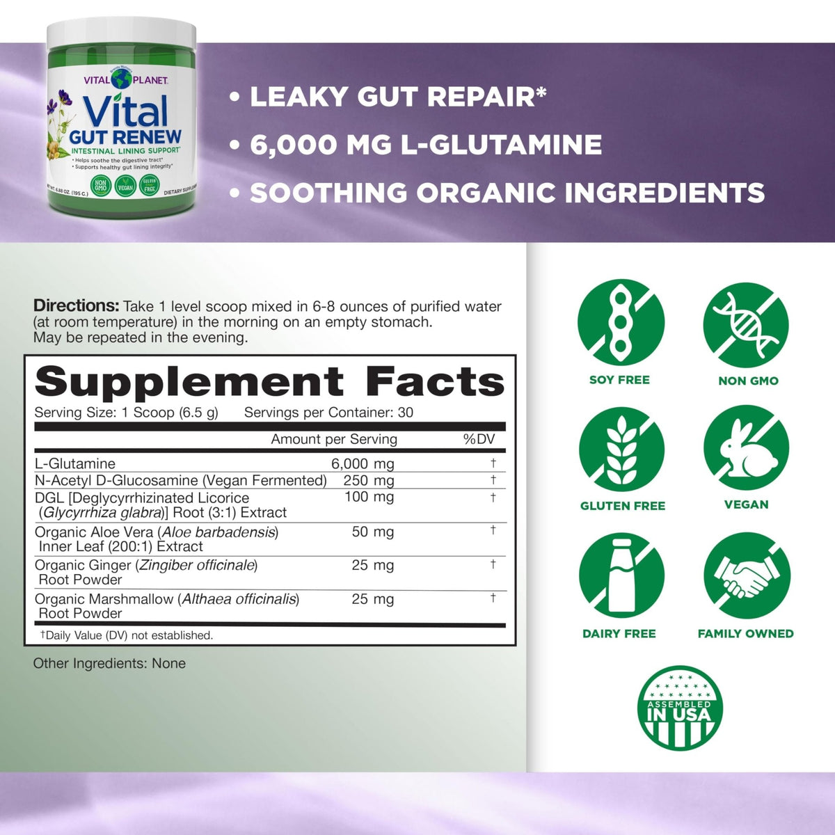 Vital Planet - Vital Gut Renew Powder Supplement for Leaky Gut Repair with L-Glutamine, Marshmallow and Ginger Root, DGL Licorice Root and Organic - PrimeBioHealth - canada supplements